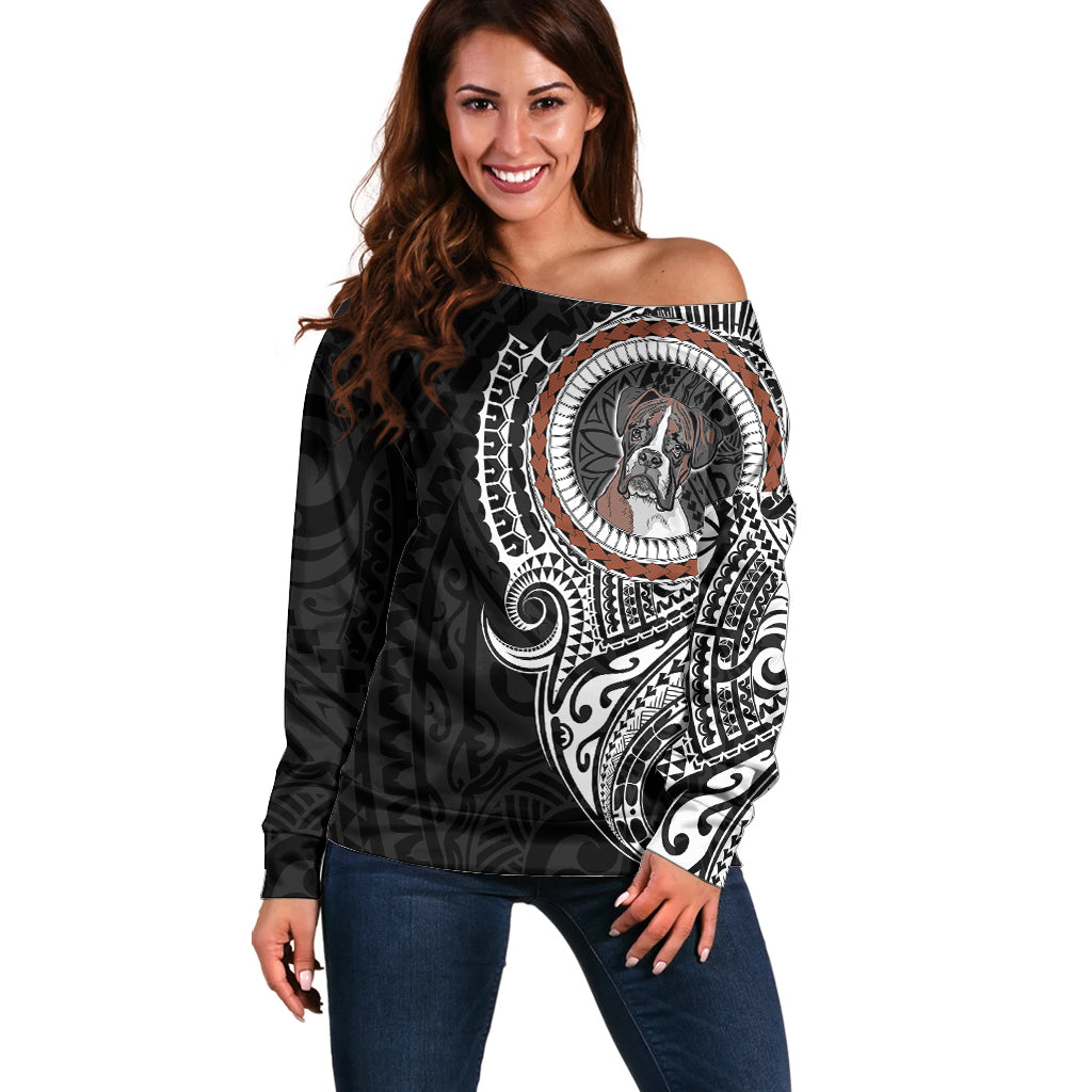 Polynesian Boxer Dog Off Shoulder Sweater Dog In My Heart LT6 Women Black - Polynesian Pride