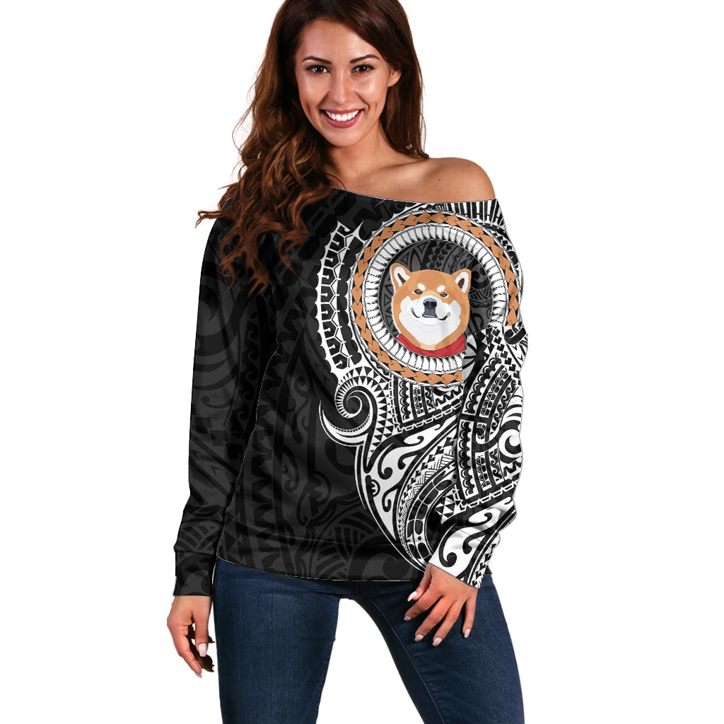 Polynesian Shiba Inu Dog Off Shoulder Sweater Dog In My Heart LT6 Women Black - Polynesian Pride