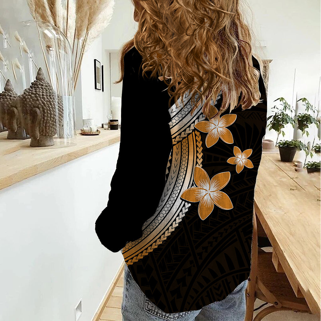 Polynesian Women Casual Shirt With Plumeria Flower Gold LT6 - Polynesian Pride