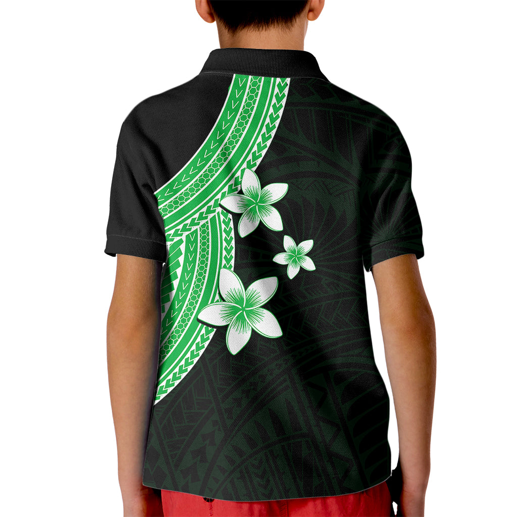 Polynesian Kid Polo Shirt With Plumeria Flower Green LT6 - Polynesian Pride