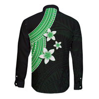 Polynesian Long Sleeve Button Shirt With Plumeria Flower Green LT6 - Polynesian Pride