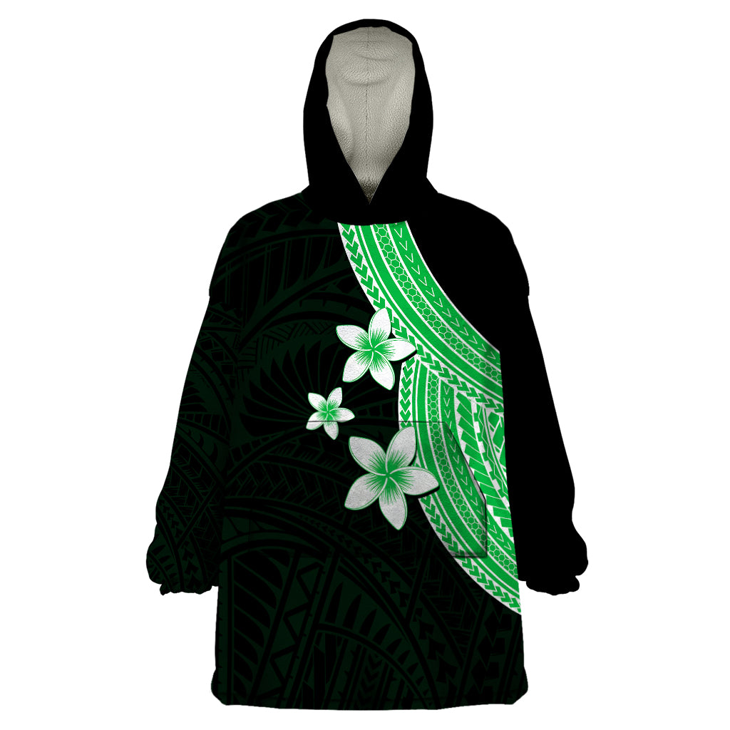 Polynesian Wearable Blanket Hoodie With Plumeria Flower Green LT6 One Size Green - Polynesian Pride