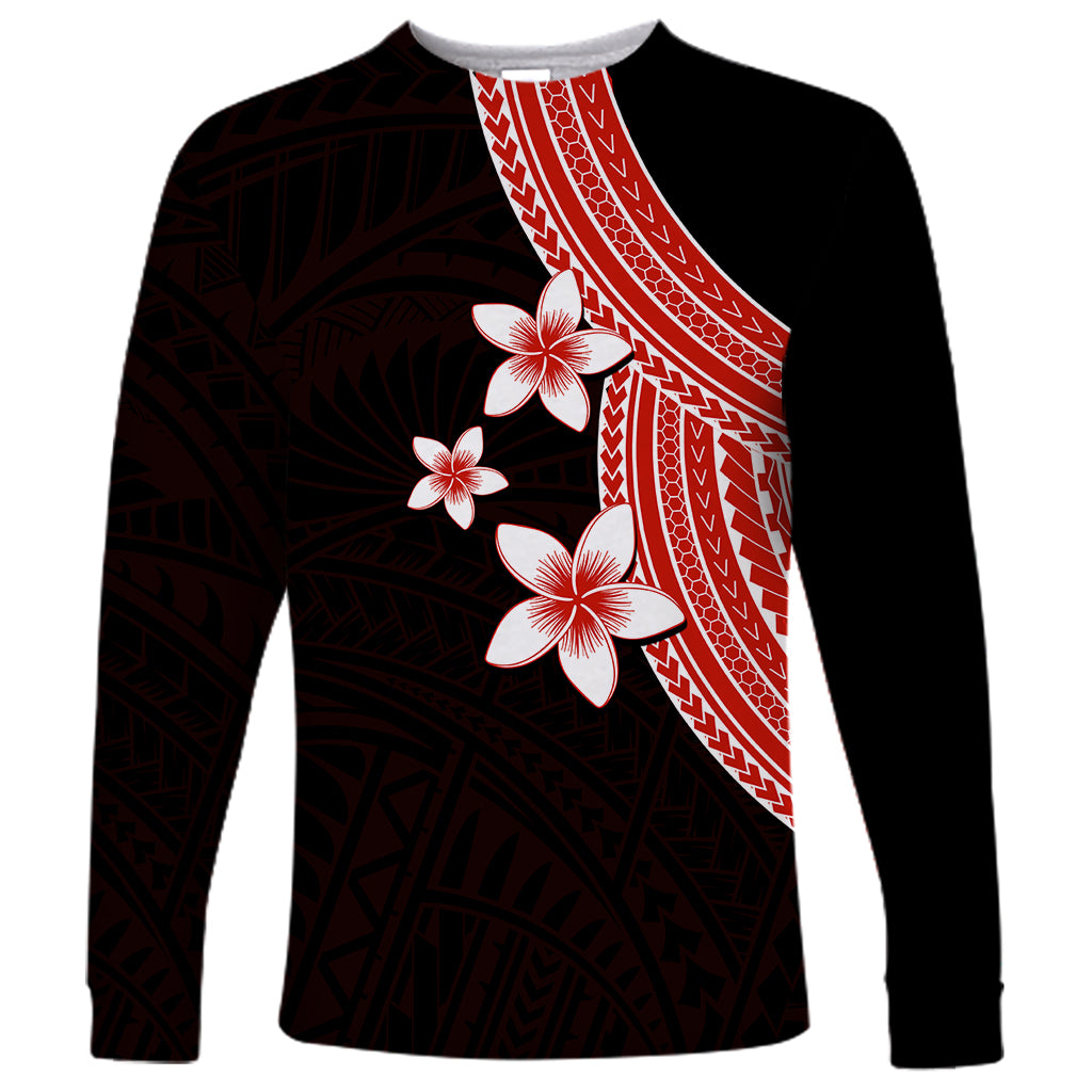 Polynesian Long Sleeve Shirt With Plumeria Flower Red LT6 Unisex Red - Polynesian Pride