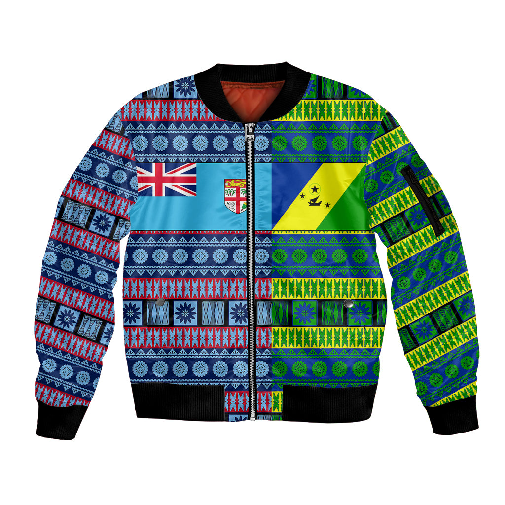(Custom Personalised) Fiji Malampa Sleeve Zip Bomber Jacket Tribal Patterns LT6 Unisex Blue - Polynesian Pride