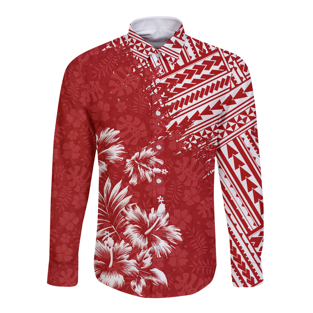 Hawaii Summer Long Sleeve Button Shirt Mix Polynesian Red LT6 Unisex Red - Polynesian Pride