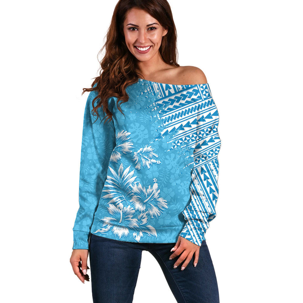 Hawaii Summer Off Shoulder Sweater Mix Polynesian Light Blue LT6 Women Blue - Polynesian Pride