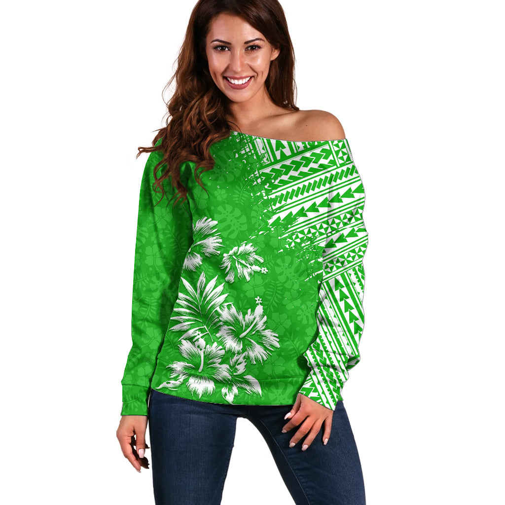 Hawaii Summer Off Shoulder Sweater Mix Polynesian Green LT6 Women Green - Polynesian Pride