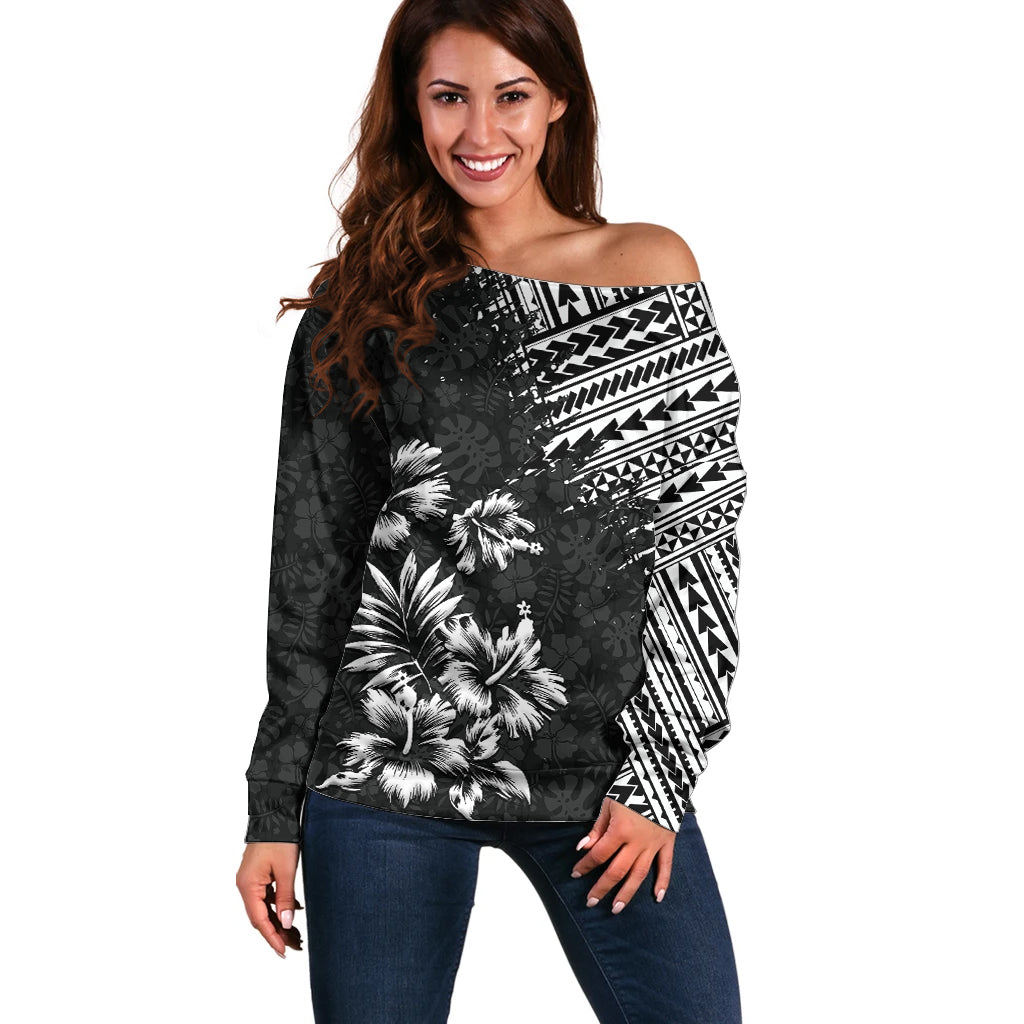 Hawaii Summer Off Shoulder Sweater Mix Polynesian Black LT6 Women Black - Polynesian Pride