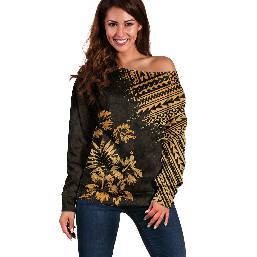 Hawaii Summer Off Shoulder Sweater Mix Polynesian Gold LT6 Women Gold - Polynesian Pride