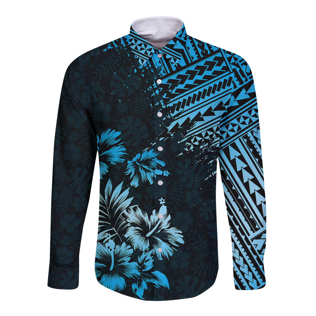 Hawaii Summer Long Sleeve Button Shirt Mix Polynesian Black-Blue LT6 Unisex Blue - Polynesian Pride