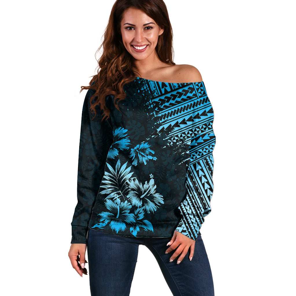 Hawaii Summer Off Shoulder Sweater Mix Polynesian Black-Blue LT6 Women Blue - Polynesian Pride