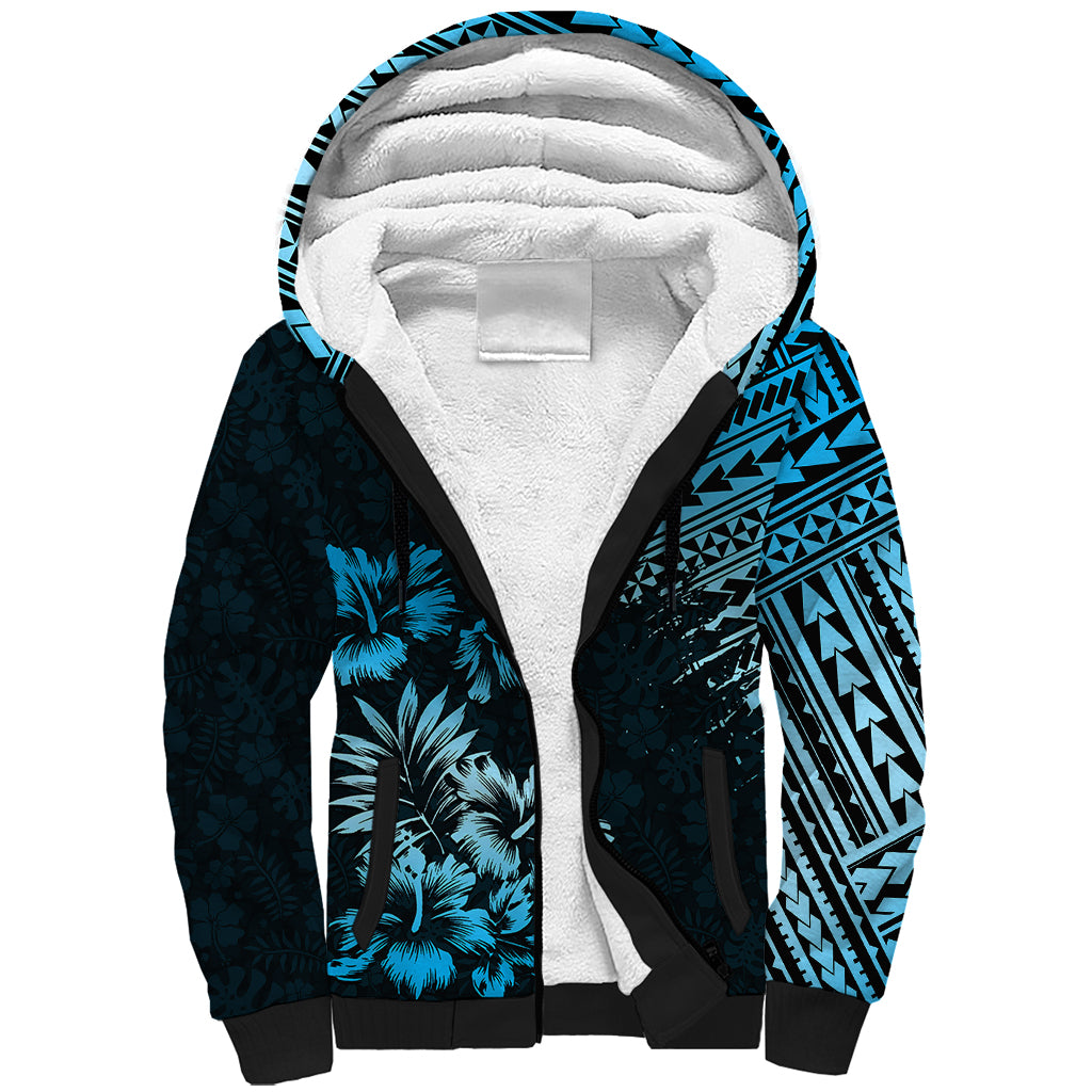 Hawaii Summer Sherpa Hoodie Mix Polynesian Black-Blue LT6 Unisex Blue - Polynesian Pride