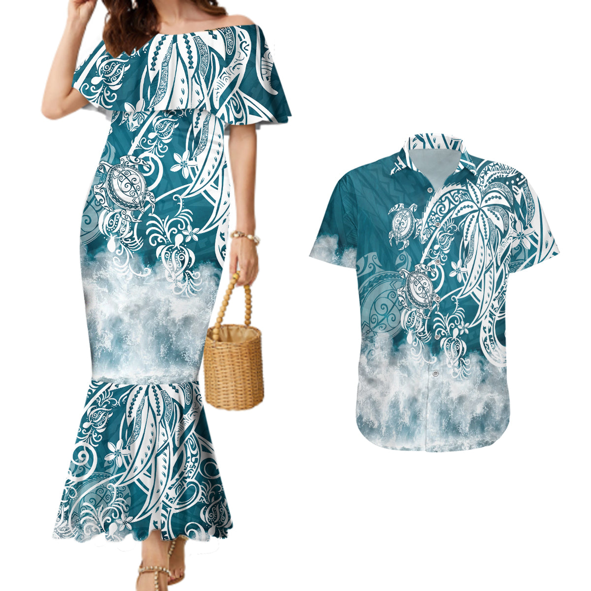 Polynesian Sea Turtle Couples Matching Mermaid Dress And Hawaiian Shirt Tribal LT6 Blue - Polynesian Pride