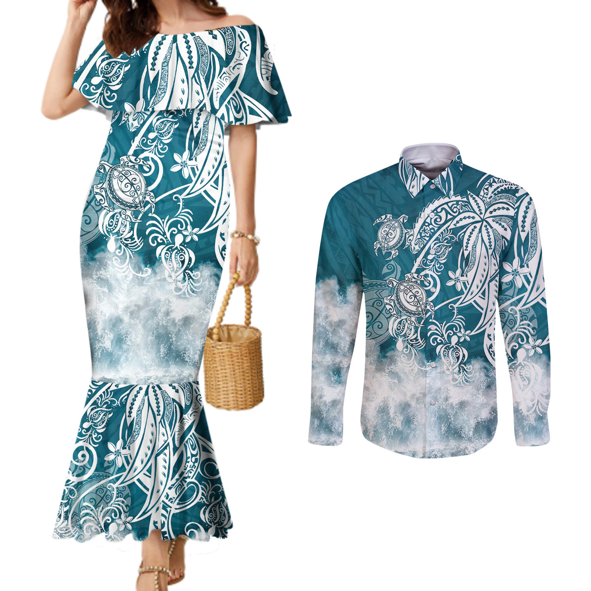 Polynesian Sea Turtle Couples Matching Mermaid Dress and Long Sleeve Button Shirts Tribal LT6 Blue - Polynesian Pride