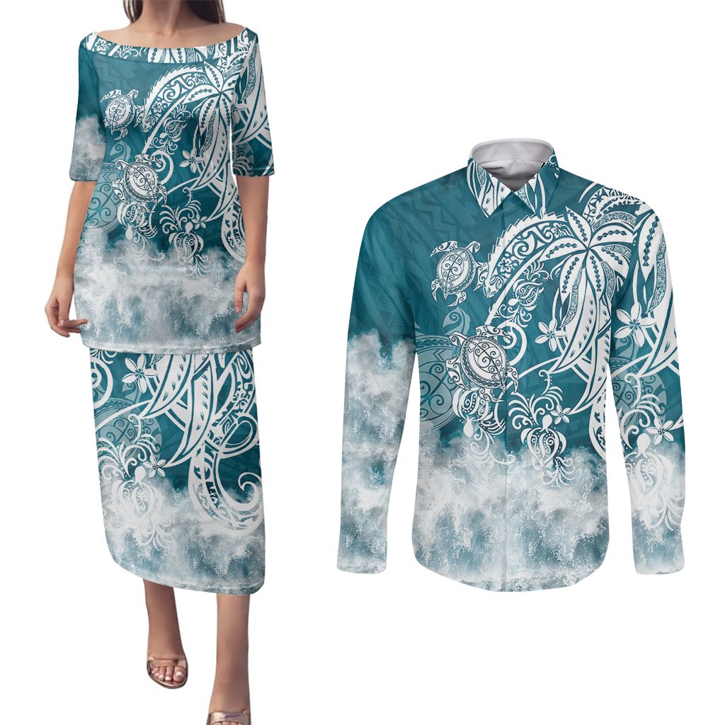 Polynesian Sea Turtle Couples Matching Puletasi Dress and Long Sleeve Button Shirts Tribal LT6 Blue - Polynesian Pride