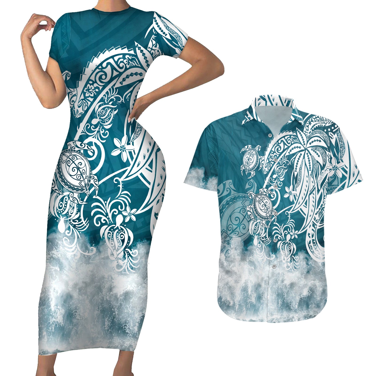 Polynesian Sea Turtle Couples Matching Short Sleeve Bodycon Dress and Hawaiian Shirt Tribal LT6 Blue - Polynesian Pride