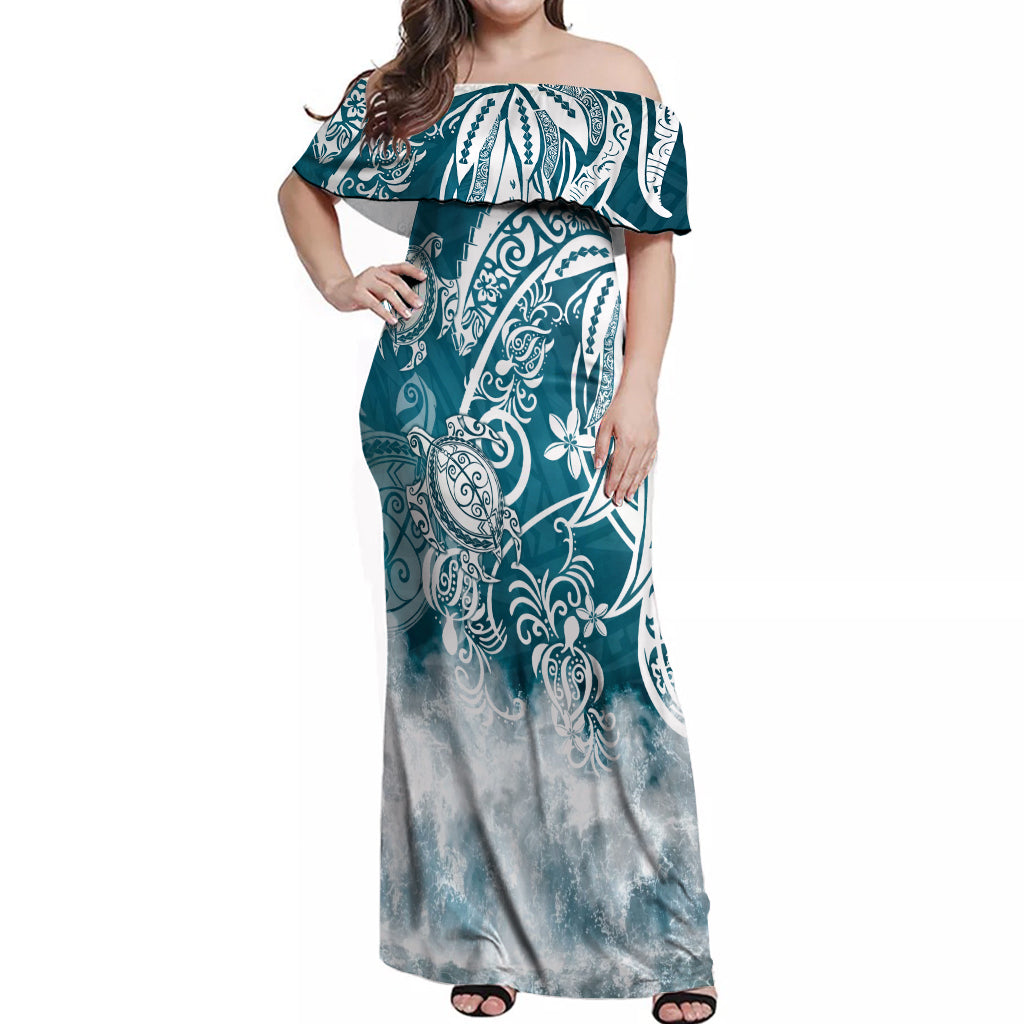 Polynesian Sea Turtle Off Shoulder Maxi Dress Tribal LT6 Women Blue - Polynesian Pride