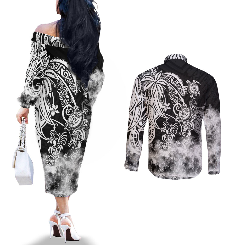Polynesian Sea Turtle Couples Matching Off The Shoulder Long Sleeve Dress and Long Sleeve Button Shirts Tribal Black LT6 - Polynesian Pride