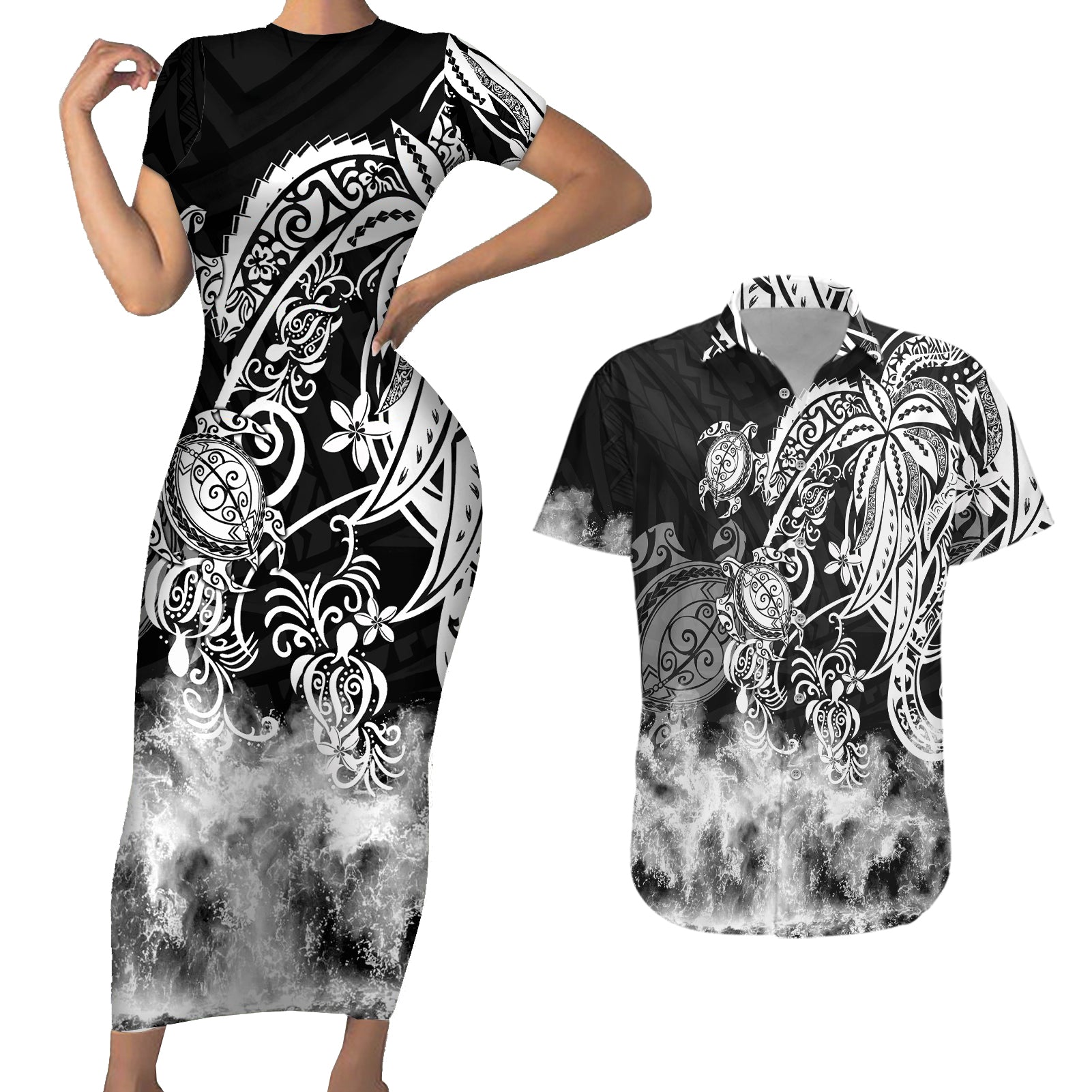 Polynesian Sea Turtle Couples Matching Short Sleeve Bodycon Dress and Hawaiian Shirt Tribal Black LT6 Black - Polynesian Pride