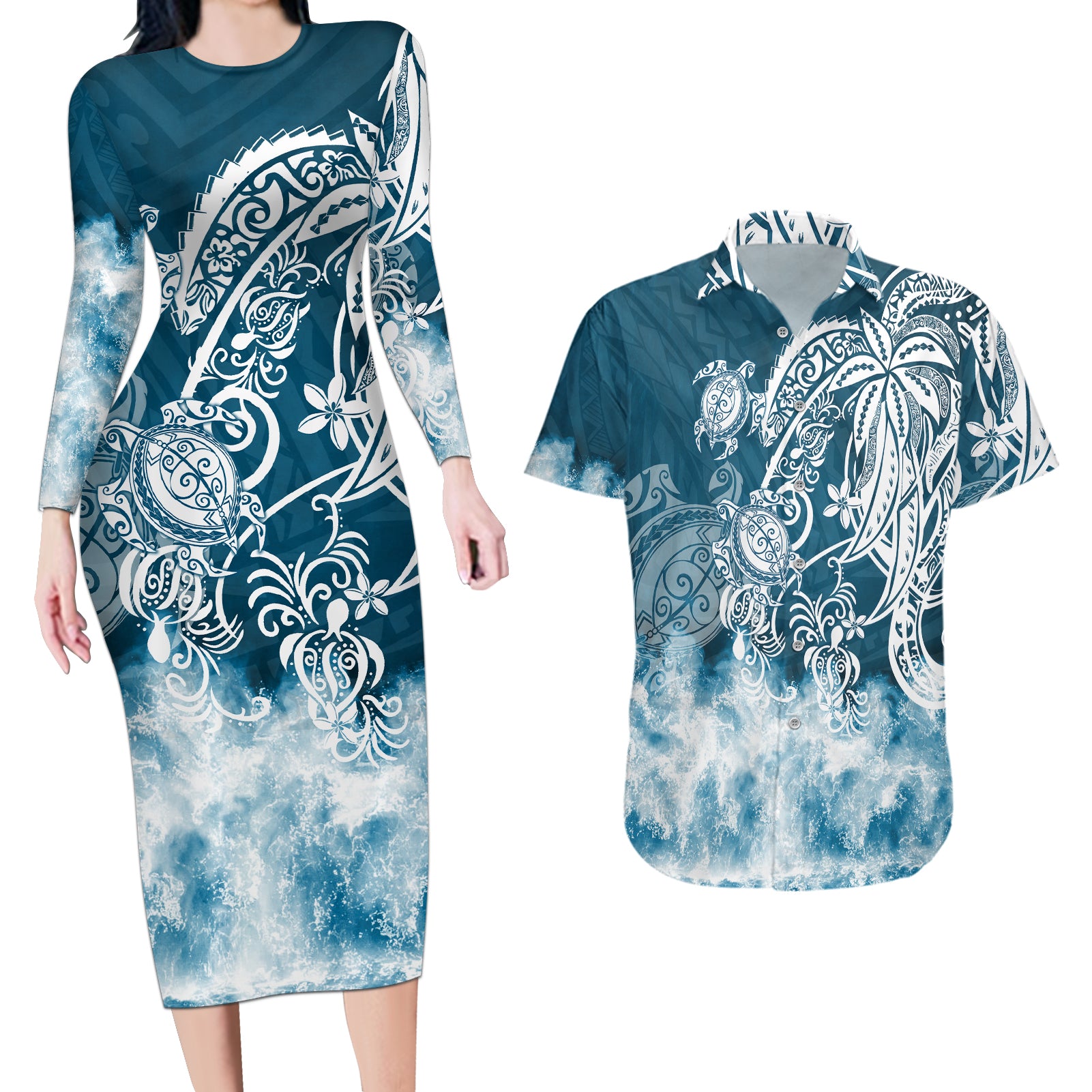 Polynesian Sea Turtle Couples Matching Long Sleeve Bodycon Dress and Hawaiian Shirt Tribal Blue LT6 Blue - Polynesian Pride