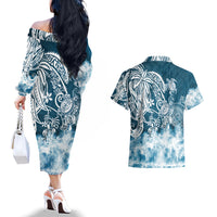 Polynesian Sea Turtle Couples Matching Off The Shoulder Long Sleeve Dress and Hawaiian Shirt Tribal Blue LT6 - Polynesian Pride