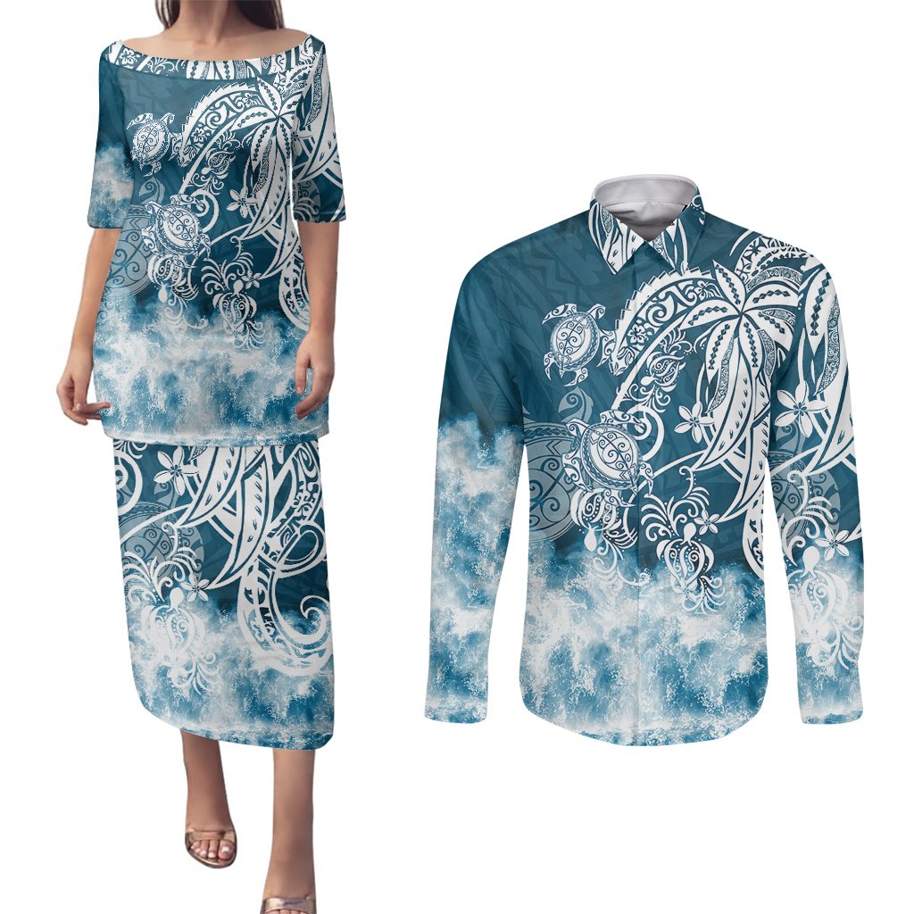 Polynesian Sea Turtle Couples Matching Puletasi Dress and Long Sleeve Button Shirts Tribal Blue LT6 Blue - Polynesian Pride