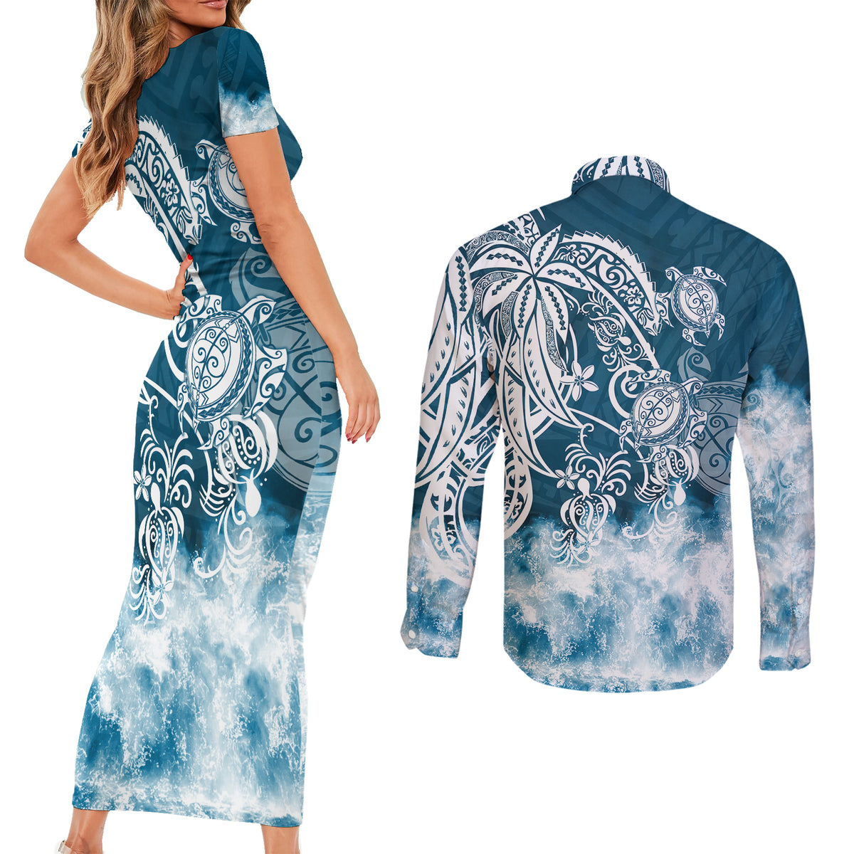 Polynesian Sea Turtle Couples Matching Short Sleeve Bodycon Dress and Long Sleeve Button Shirts Tribal Blue LT6 - Polynesian Pride