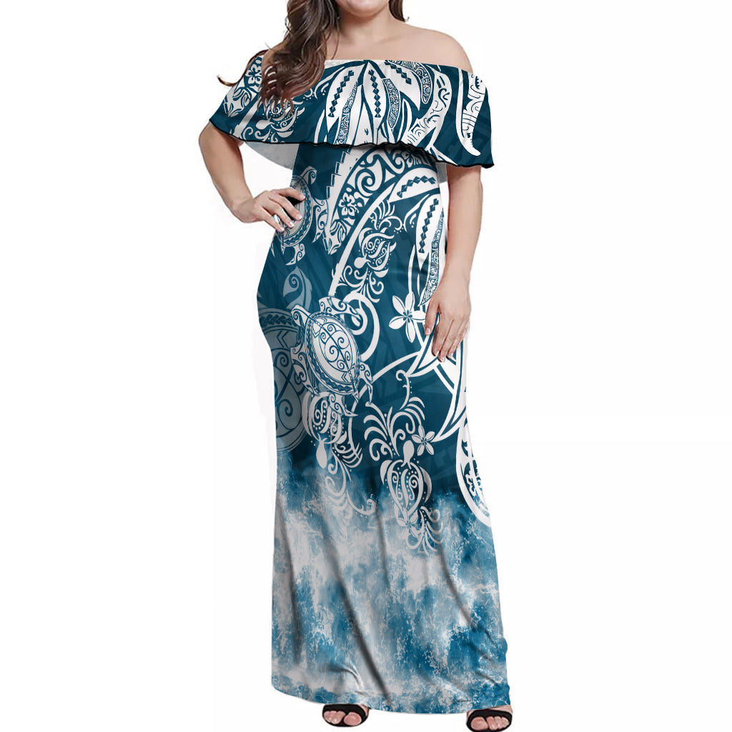 Polynesian Sea Turtle Off Shoulder Maxi Dress Tribal Blue LT6 Women Blue - Polynesian Pride