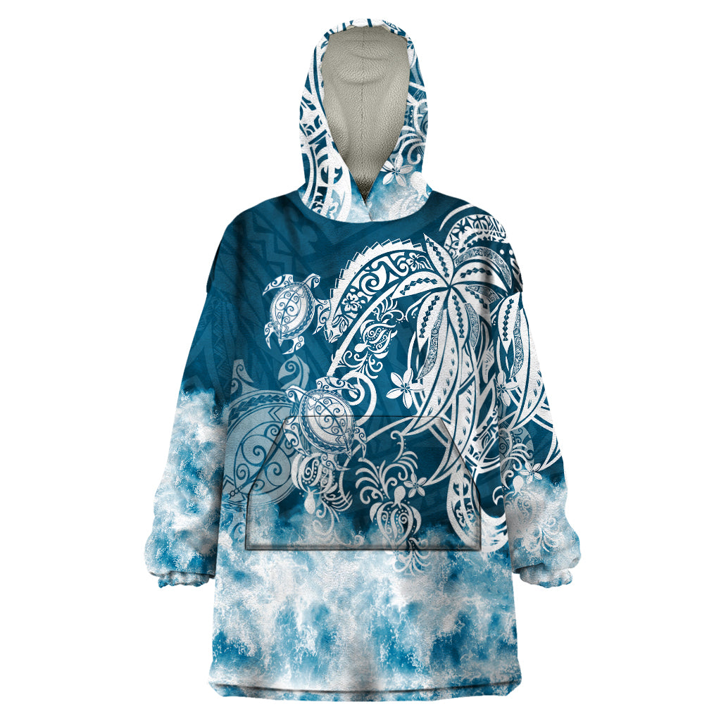 Polynesian Sea Turtle Wearable Blanket Hoodie Tribal Blue LT6 One Size Blue - Polynesian Pride