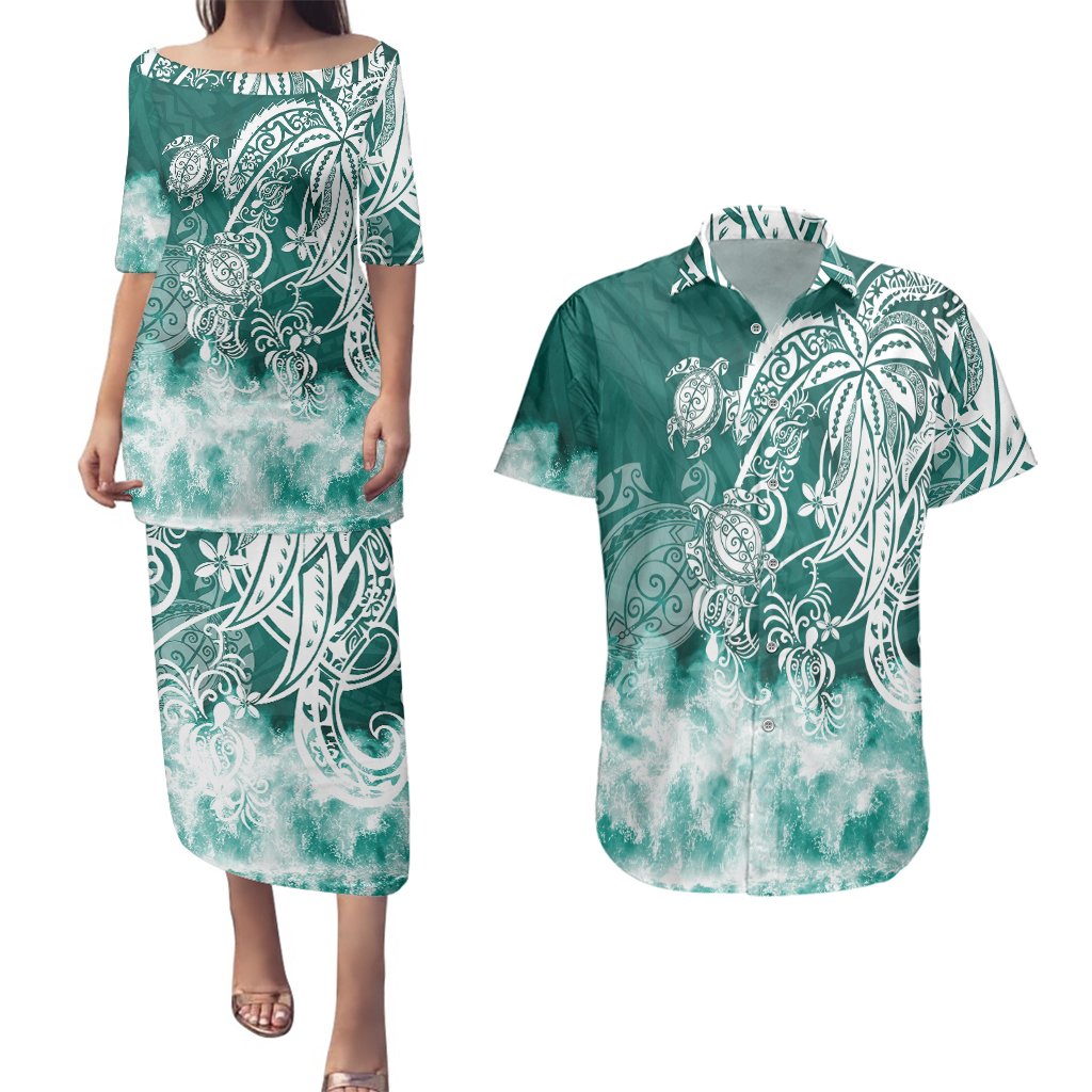 Polynesian Sea Turtle Couples Matching Puletasi Dress and Hawaiian Shirt Tribal Green LT6 Green - Polynesian Pride