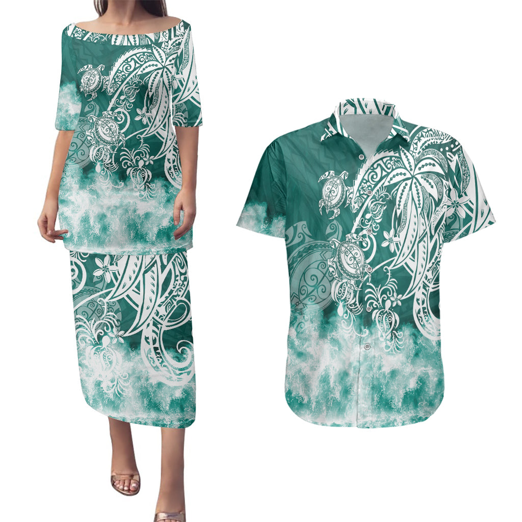 Polynesian Sea Turtle Couples Matching Puletasi Dress and Hawaiian Shirt Tribal Green LT6 Green - Polynesian Pride
