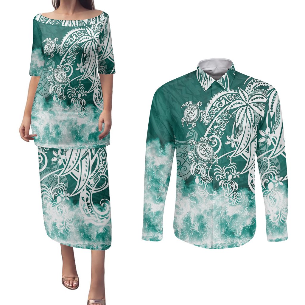 Polynesian Sea Turtle Couples Matching Puletasi Dress and Long Sleeve Button Shirts Tribal Green LT6 Green - Polynesian Pride