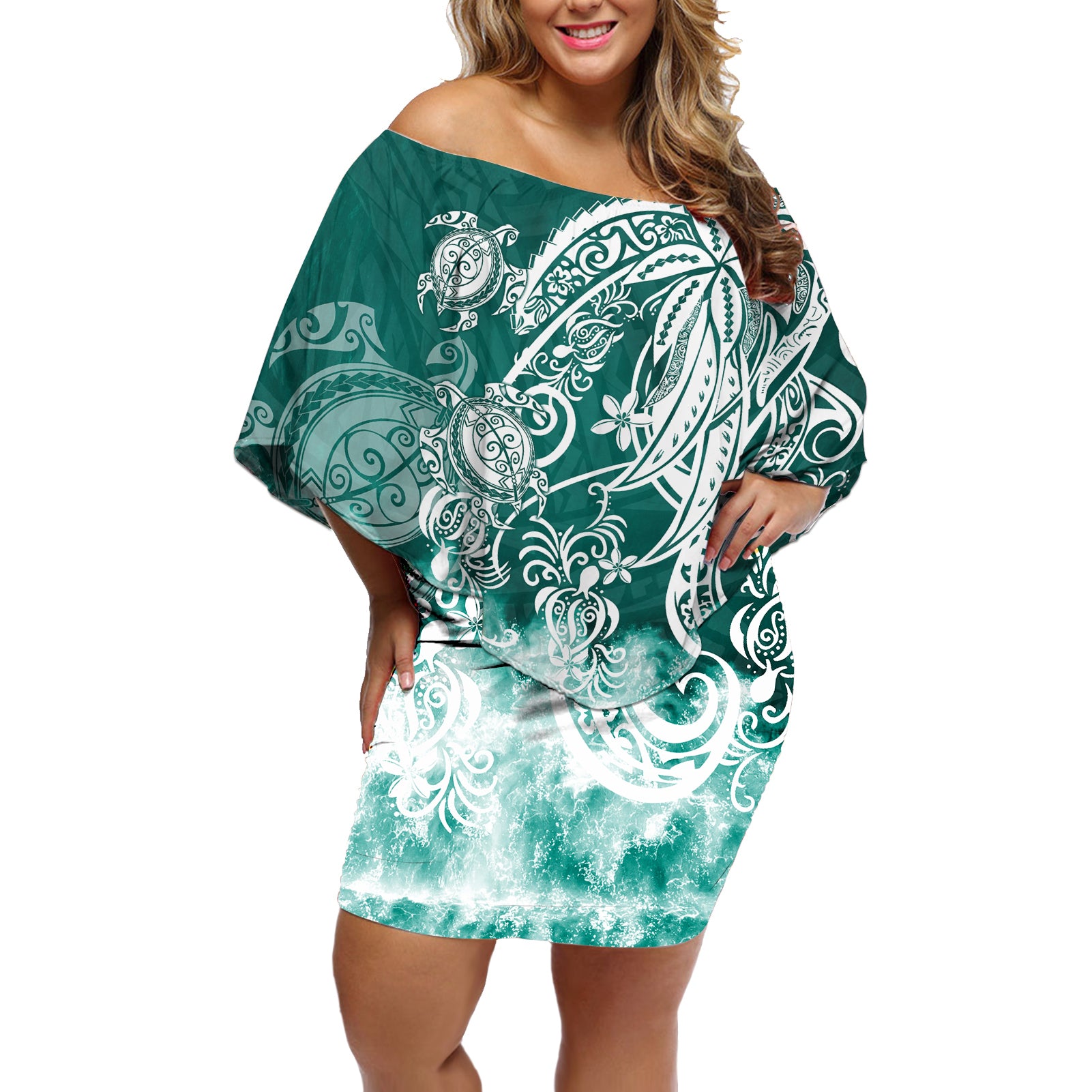 Polynesian Sea Turtle Off Shoulder Short Dress Tribal Green LT6 Women Green - Polynesian Pride