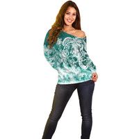 Polynesian Sea Turtle Off Shoulder Sweater Tribal Green LT6 - Polynesian Pride