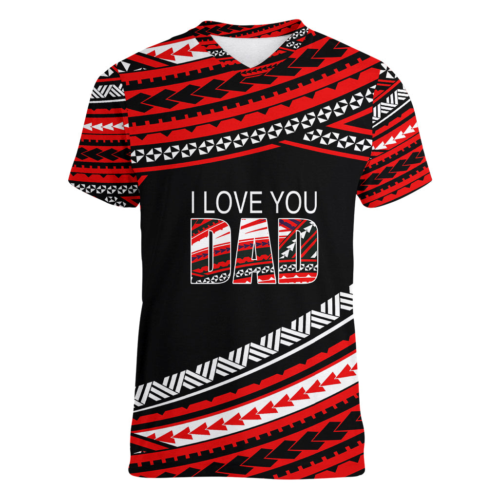 (Custom Personalised) Happy Fathers Day Polynesian Women V Neck T Shirt I Love You Dad Red LT6 Female Red - Polynesian Pride