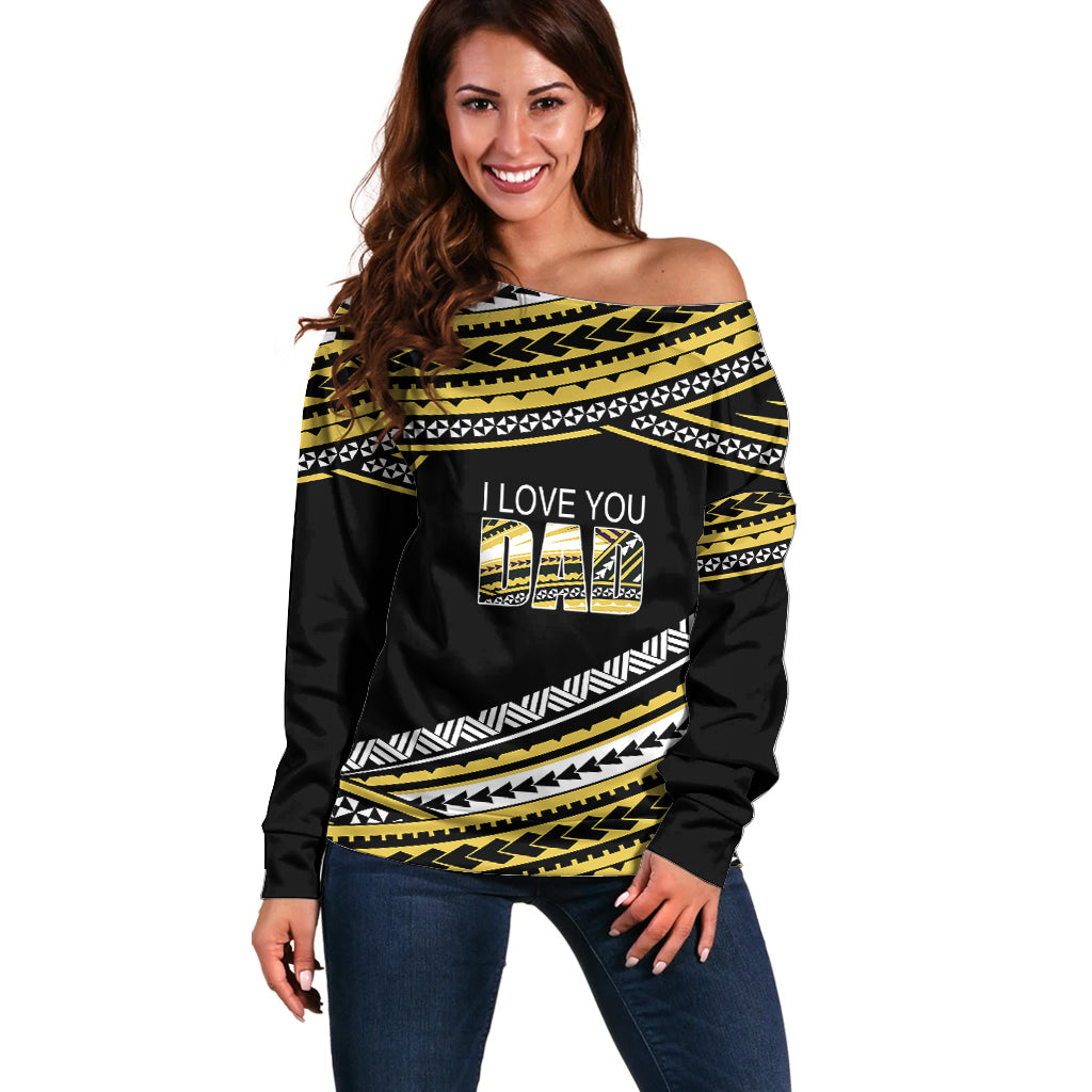 (Custom Personalised) Happy Fathers Day Polynesian Off Shoulder Sweater I Love You Dad Gold LT6 Women Gold - Polynesian Pride