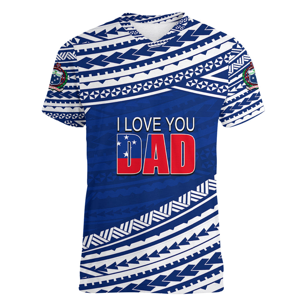 (Custom Personalised) Happy Fathers Day Samoa Women V Neck T Shirt I Love You Dad Blue LT6 Female Blue - Polynesian Pride