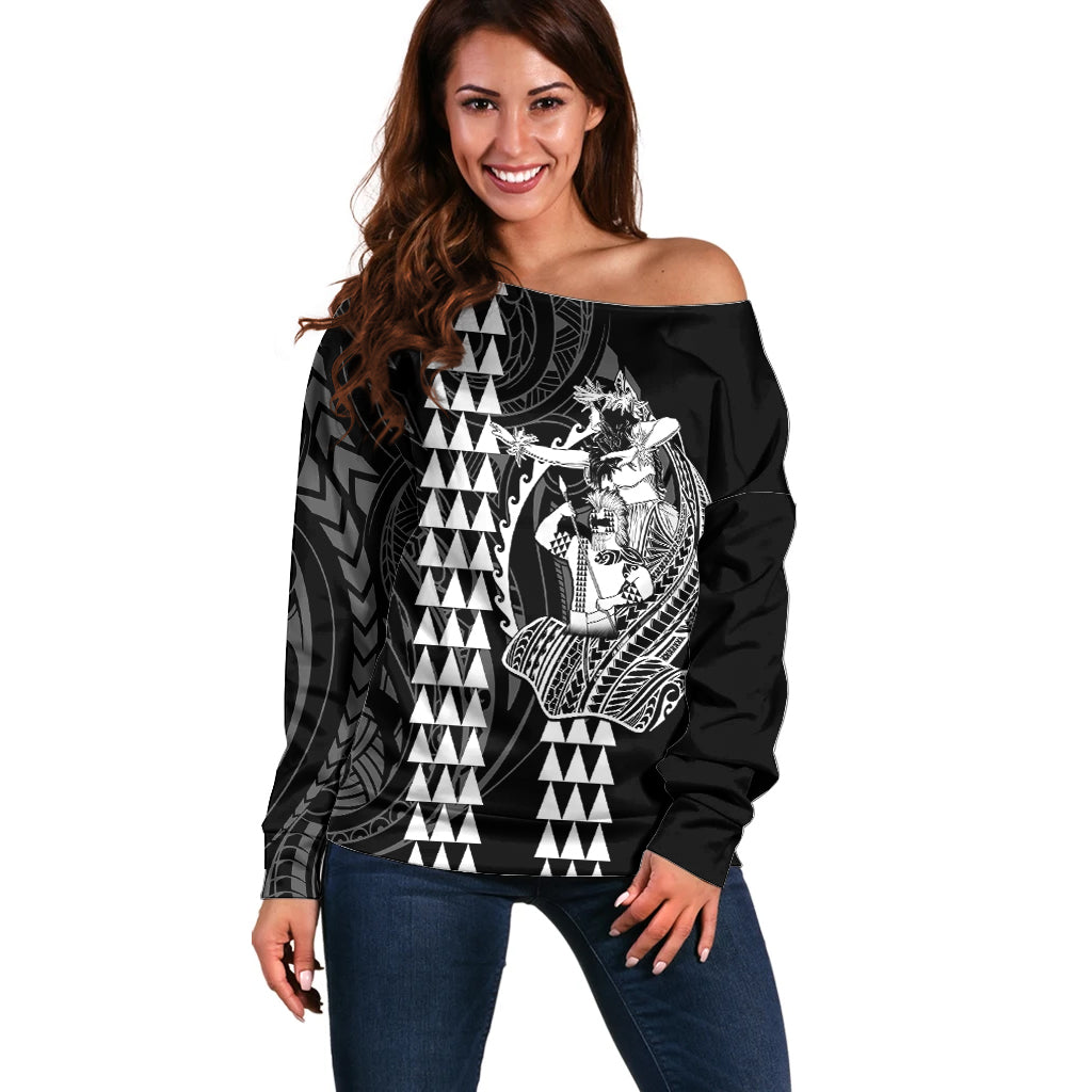 Polynesian Off Shoulder Sweater Hawaiian Warrior and Aloha Girl With Hammerhead Shark Tattoos White LT6 Women White - Polynesian Pride