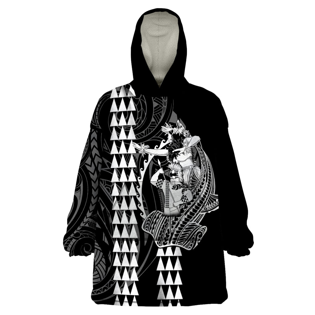 Polynesian Wearable Blanket Hoodie Hawaiian Warrior and Aloha Girl With Hammerhead Shark Tattoos White LT6 One Size White - Polynesian Pride