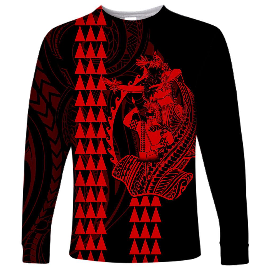 Polynesian Long Sleeve Shirt Hawaiian Warrior and Aloha Girl With Hammerhead Shark Tattoos Red LT6 Unisex Red - Polynesian Pride