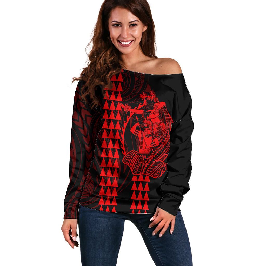 Polynesian Off Shoulder Sweater Hawaiian Warrior and Aloha Girl With Hammerhead Shark Tattoos Red LT6 Women Red - Polynesian Pride