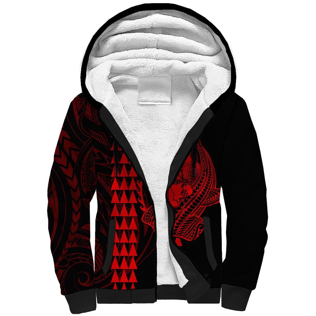 Polynesian Sherpa Hoodie Hawaiian Warrior and Aloha Girl With Hammerhead Shark Tattoos Red LT6 Unisex Red - Polynesian Pride