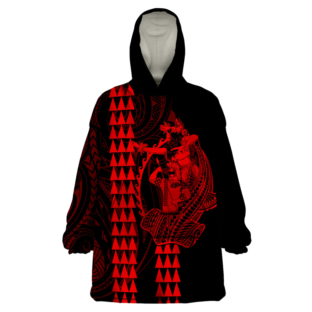 Polynesian Wearable Blanket Hoodie Hawaiian Warrior and Aloha Girl With Hammerhead Shark Tattoos Red LT6 One Size Red - Polynesian Pride