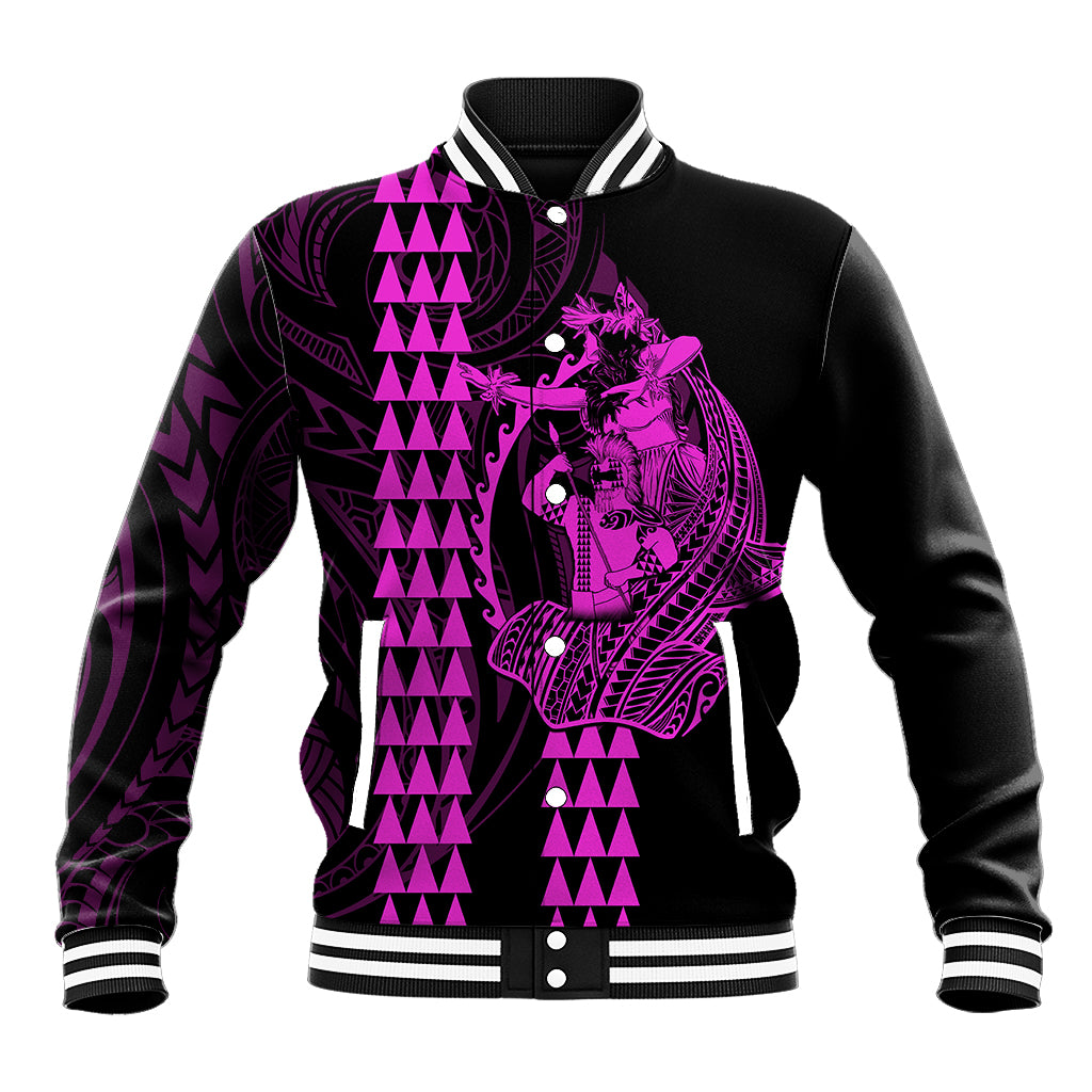 Polynesian Baseball Jacket Hawaiian Warrior and Aloha Girl With Hammerhead Shark Tattoos Purple LT6 Unisex Purple - Polynesian Pride