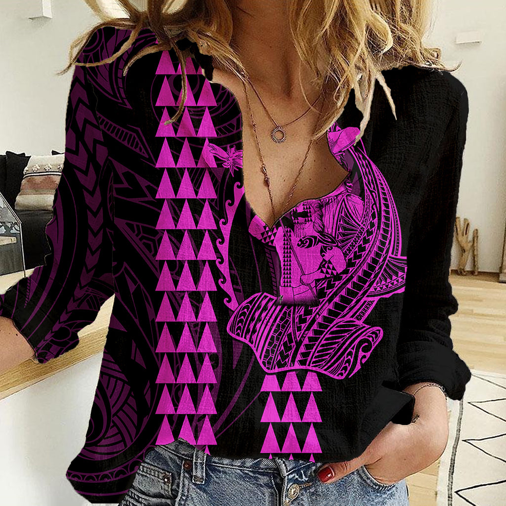 Polynesian Women Casual Shirt Hawaiian Warrior and Aloha Girl With Hammerhead Shark Tattoos Purple LT6 Female Purple - Polynesian Pride