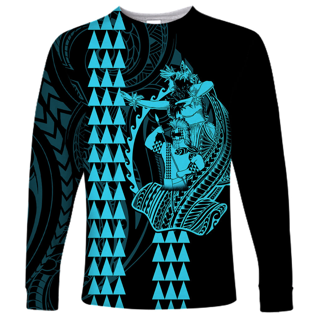 Polynesian Long Sleeve Shirt Hawaiian Warrior and Aloha Girl With Hammerhead Shark Tattoos Light Blue LT6 Unisex Blue - Polynesian Pride