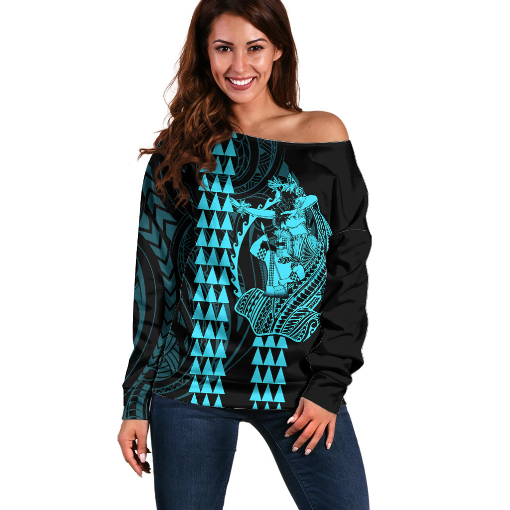 Polynesian Off Shoulder Sweater Hawaiian Warrior and Aloha Girl With Hammerhead Shark Tattoos Light Blue LT6 Women Blue - Polynesian Pride