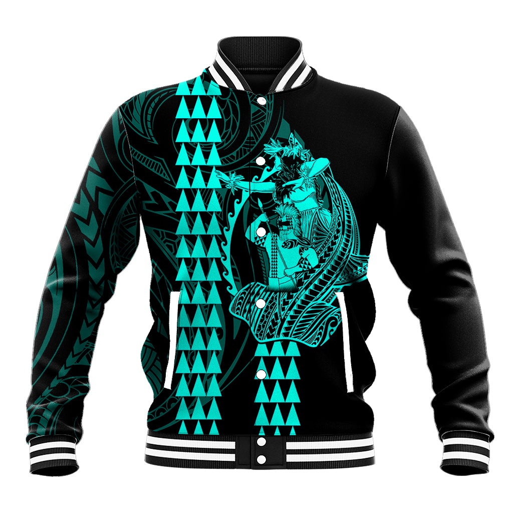 Polynesian Baseball Jacket Hawaiian Warrior and Aloha Girl With Hammerhead Shark Tattoos Turquoise LT6 Unisex Green - Polynesian Pride