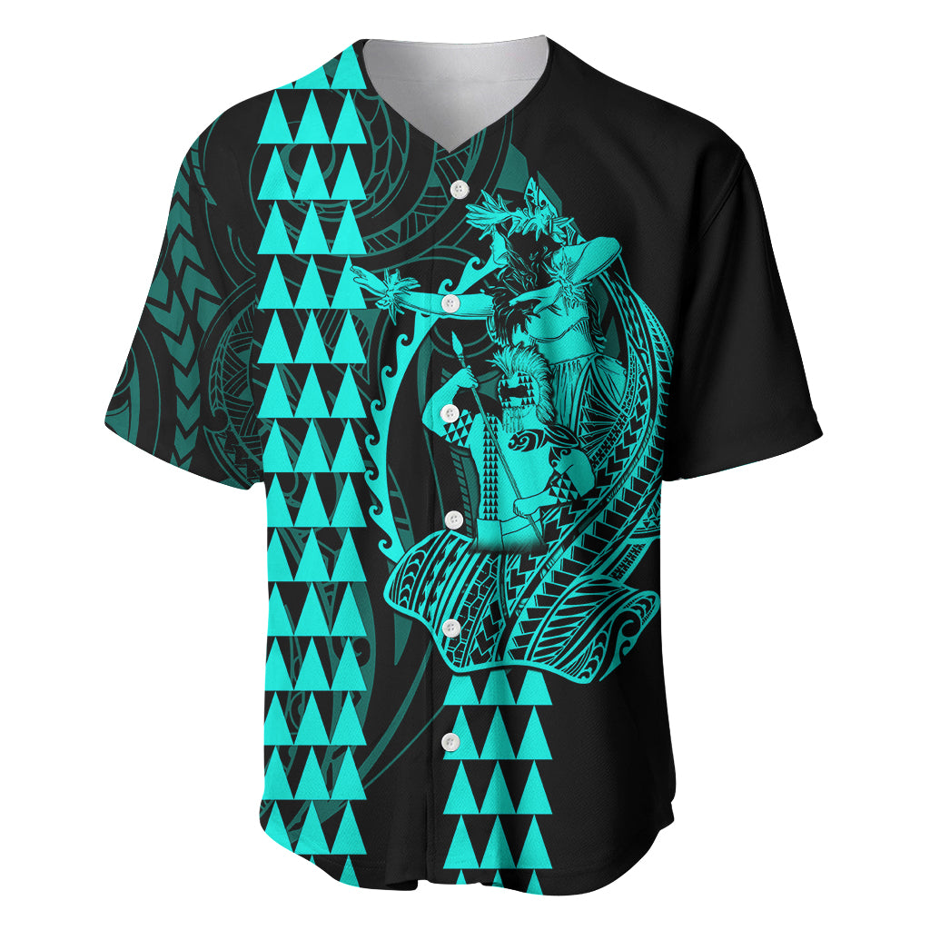 Polynesian Baseball Jersey Hawaiian Warrior and Aloha Girl With Hammerhead Shark Tattoos Turquoise LT6 Green - Polynesian Pride