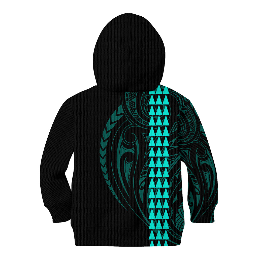 Polynesian Kid Hoodie Hawaiian Warrior and Aloha Girl With Hammerhead Shark Tattoos Turquoise LT6 - Polynesian Pride